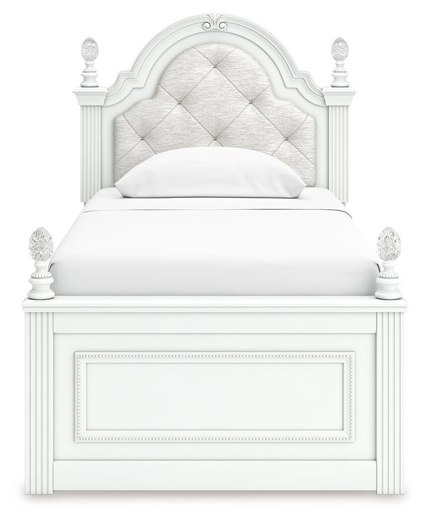 Close-up of upholstered button-tufted headboard with LED lighting