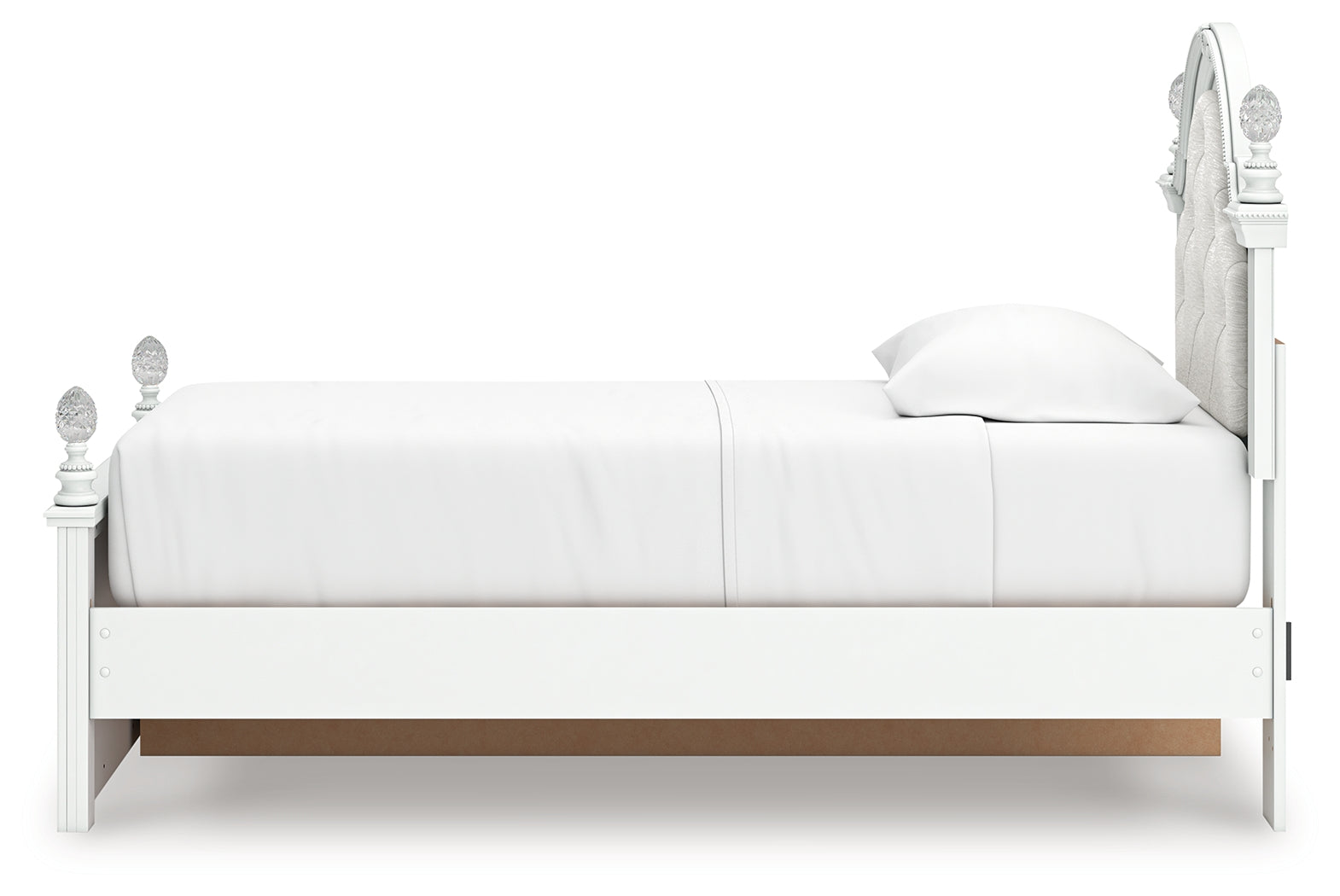 Side-alt view of white twin panel storage bed