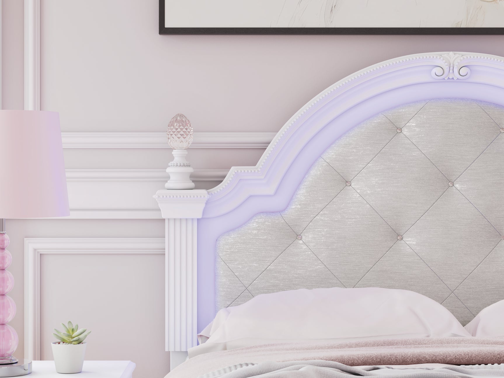 Close-up of LED lighting in purple on headboard