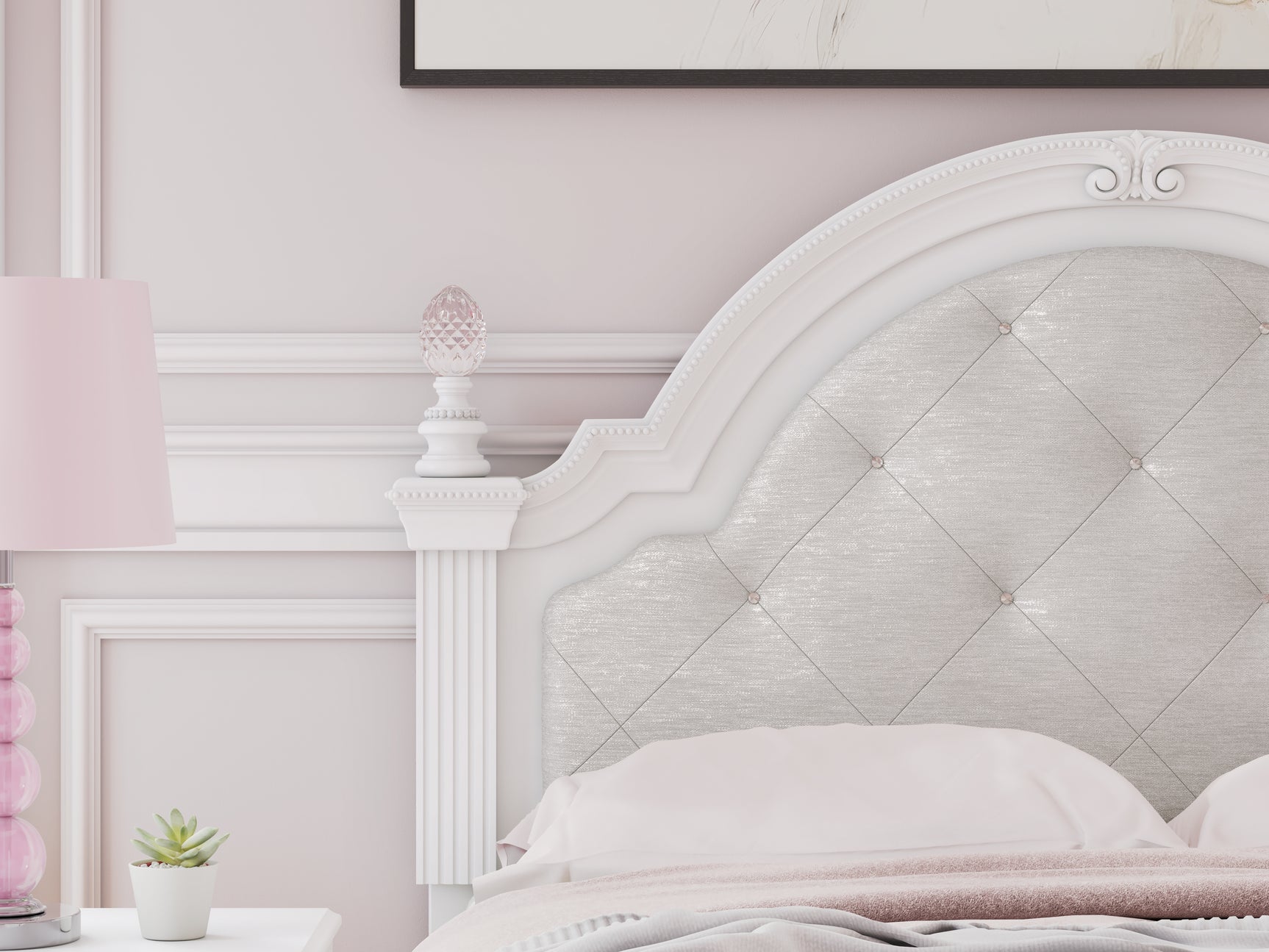 Detailed view of upholstery and button tufting on headboard