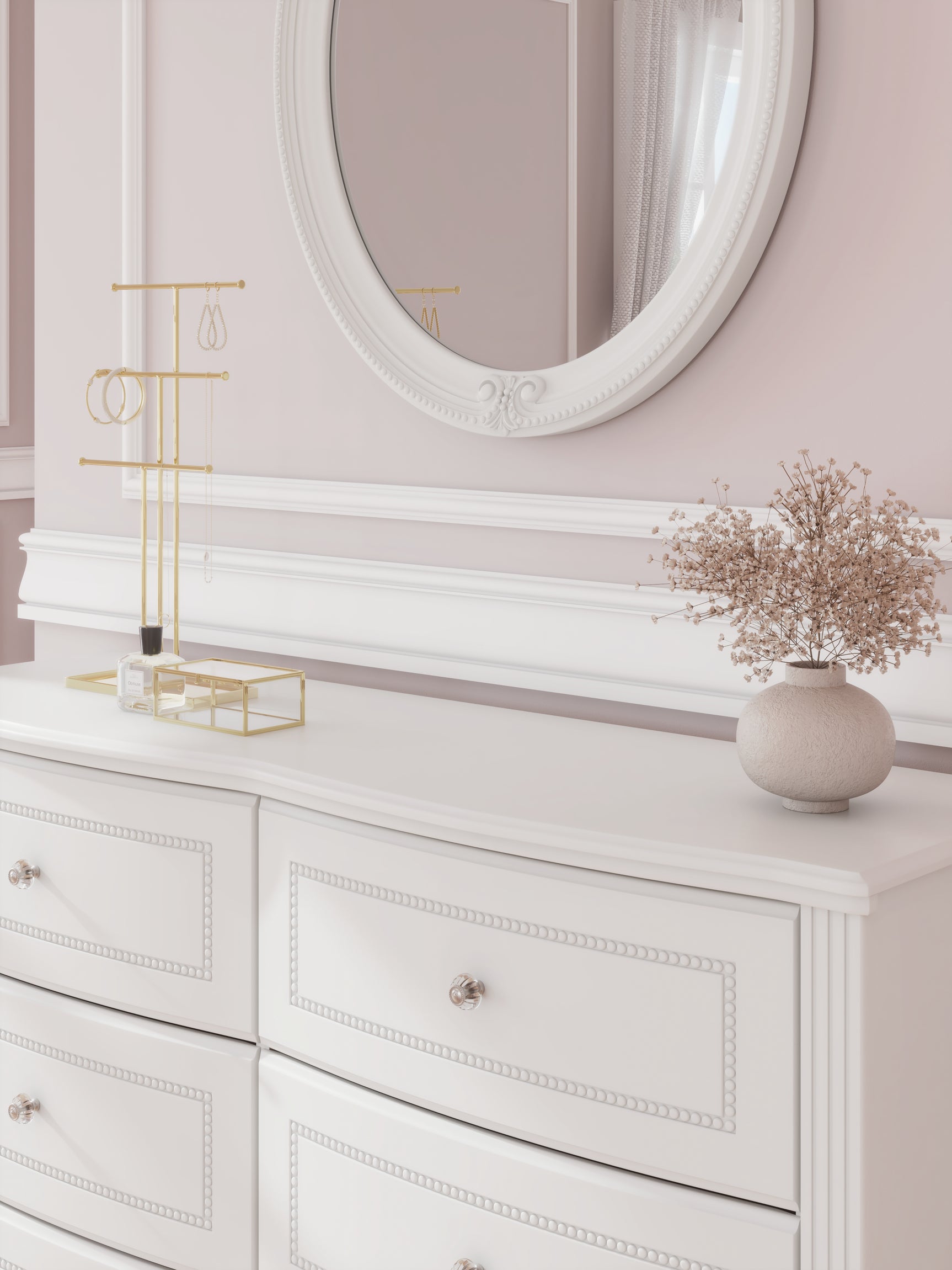 Detail of bun feet and decorative laminate on Kozlani dresser