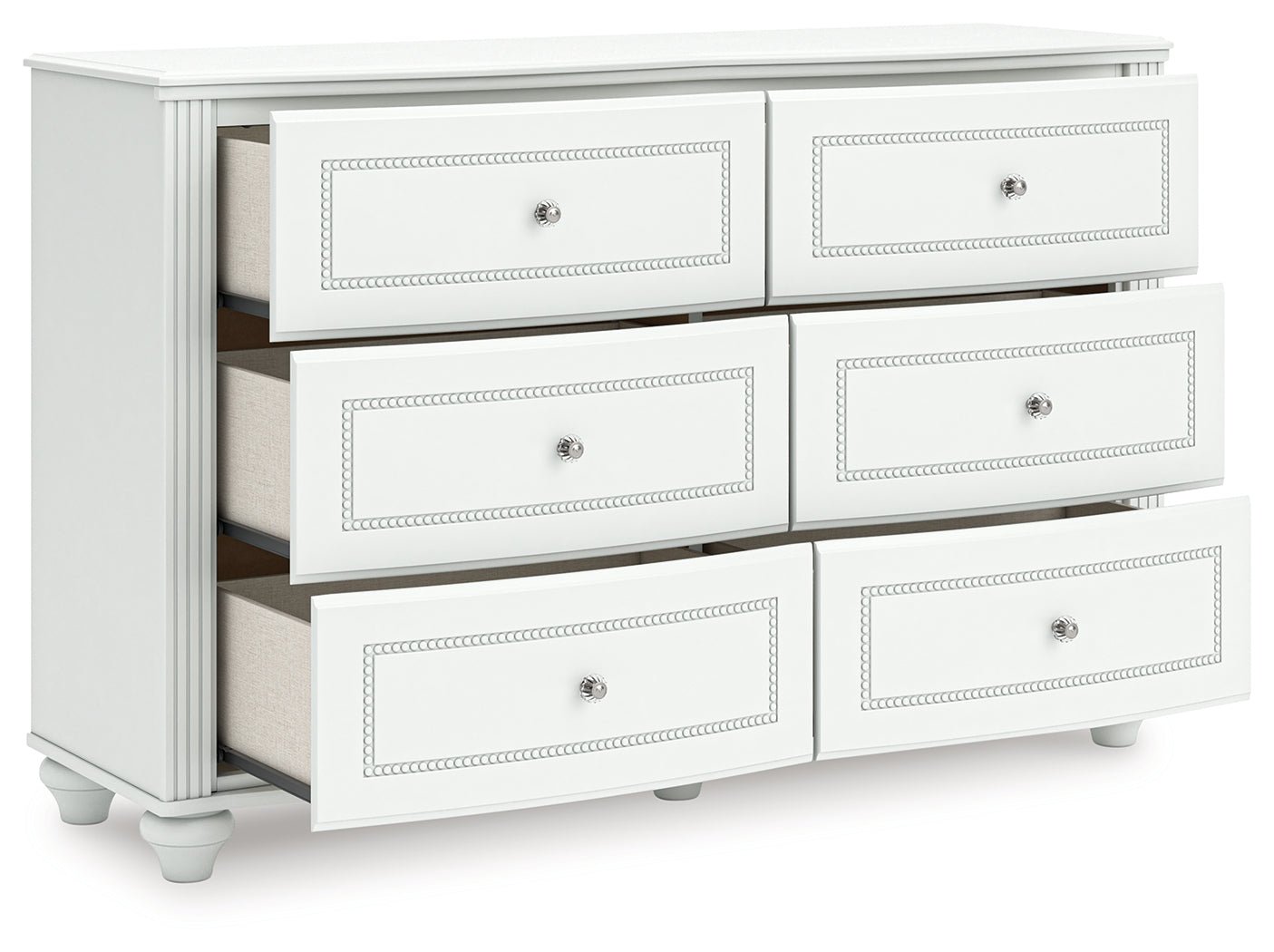 Kozlani White Dresser open drawer showing faux linen interior