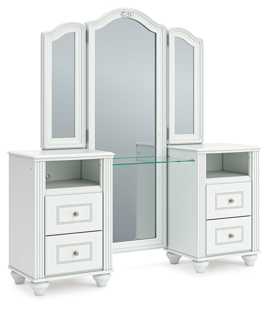 Vanity side angle showing bun feet and drawers