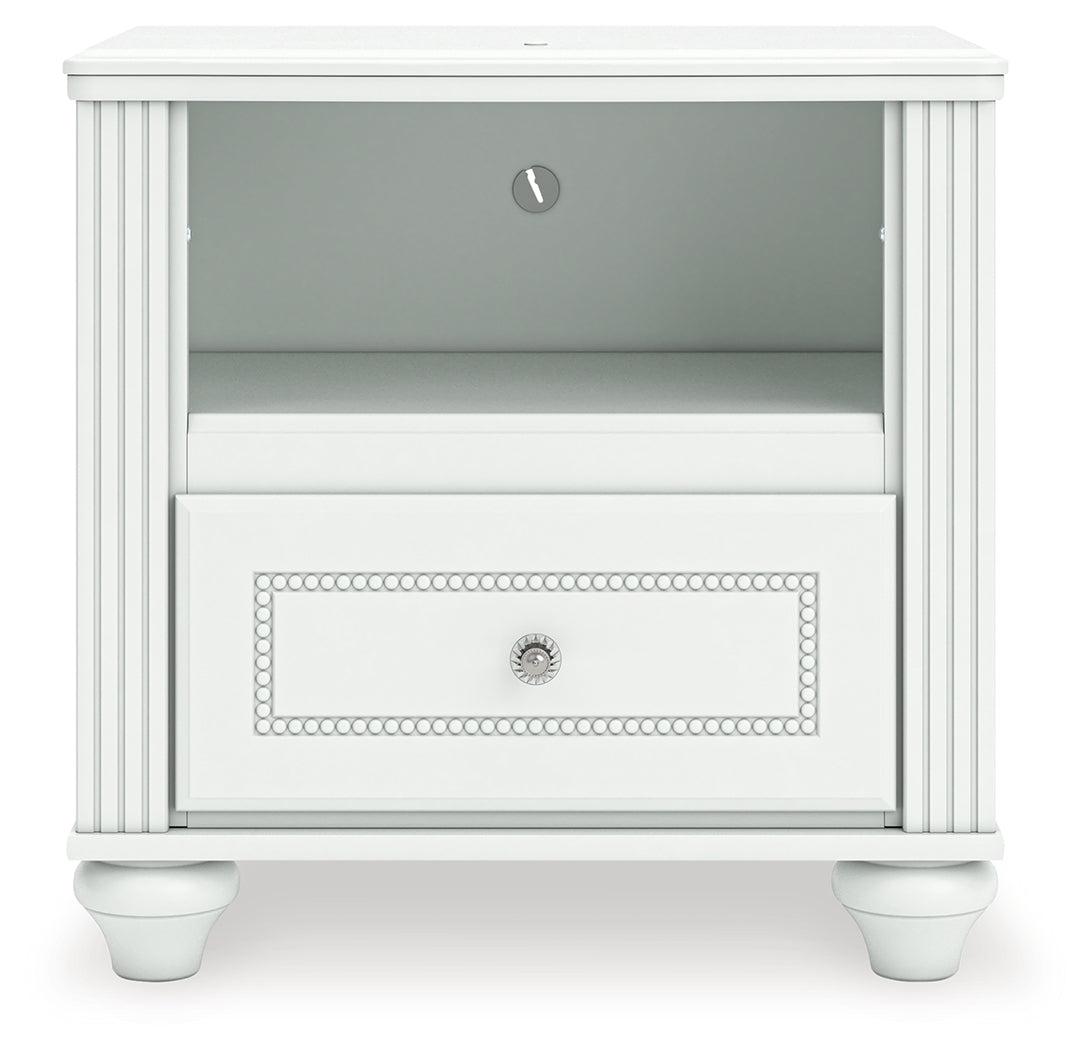Head-on view of Kozlani White Nightstand showing crystal knob