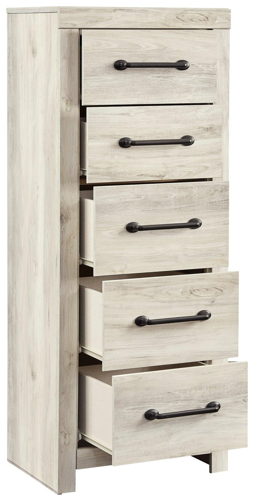 Cambeck whitewash narrow chest of drawers drawers open