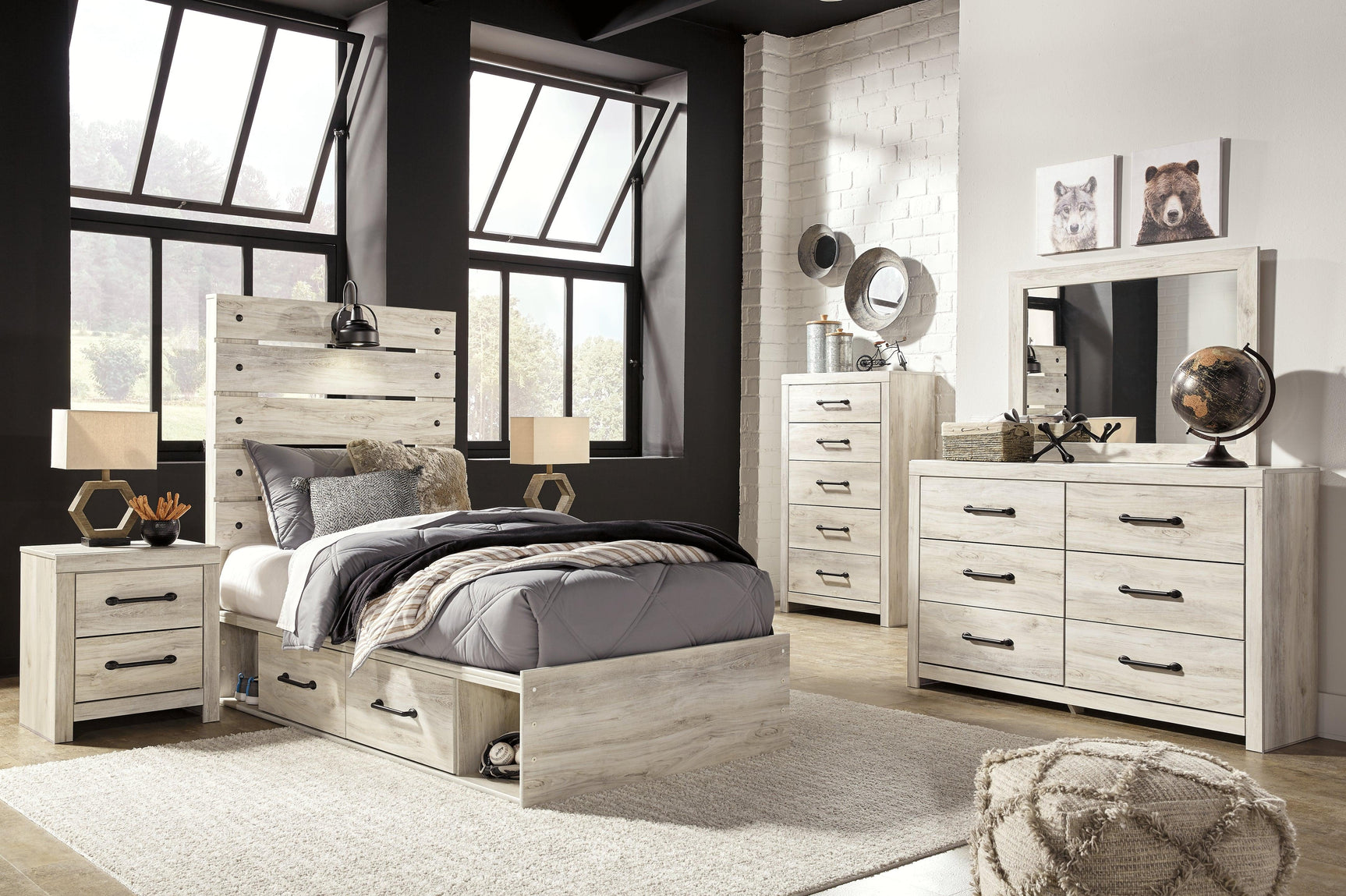Cambeck Whitewash Twin Panel Bed with storage drawers open