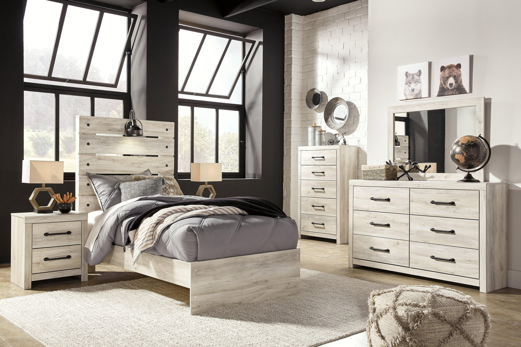 Cambeck Whitewash Twin Panel Bed - full bed view in room setting