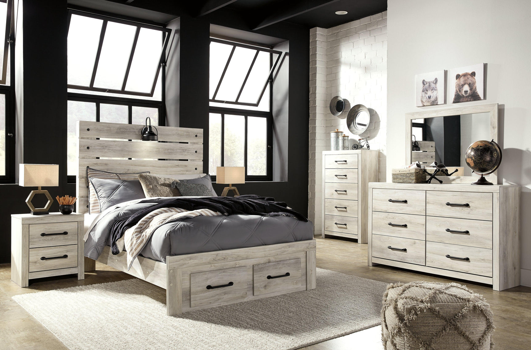 Cambeck whitewash full panel bed with storage drawers and hardware detail