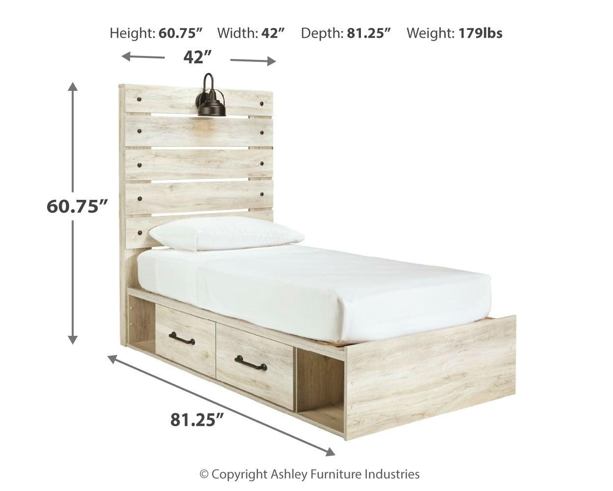 Full front view of Cambeck whitewash twin panel bed with storage drawers