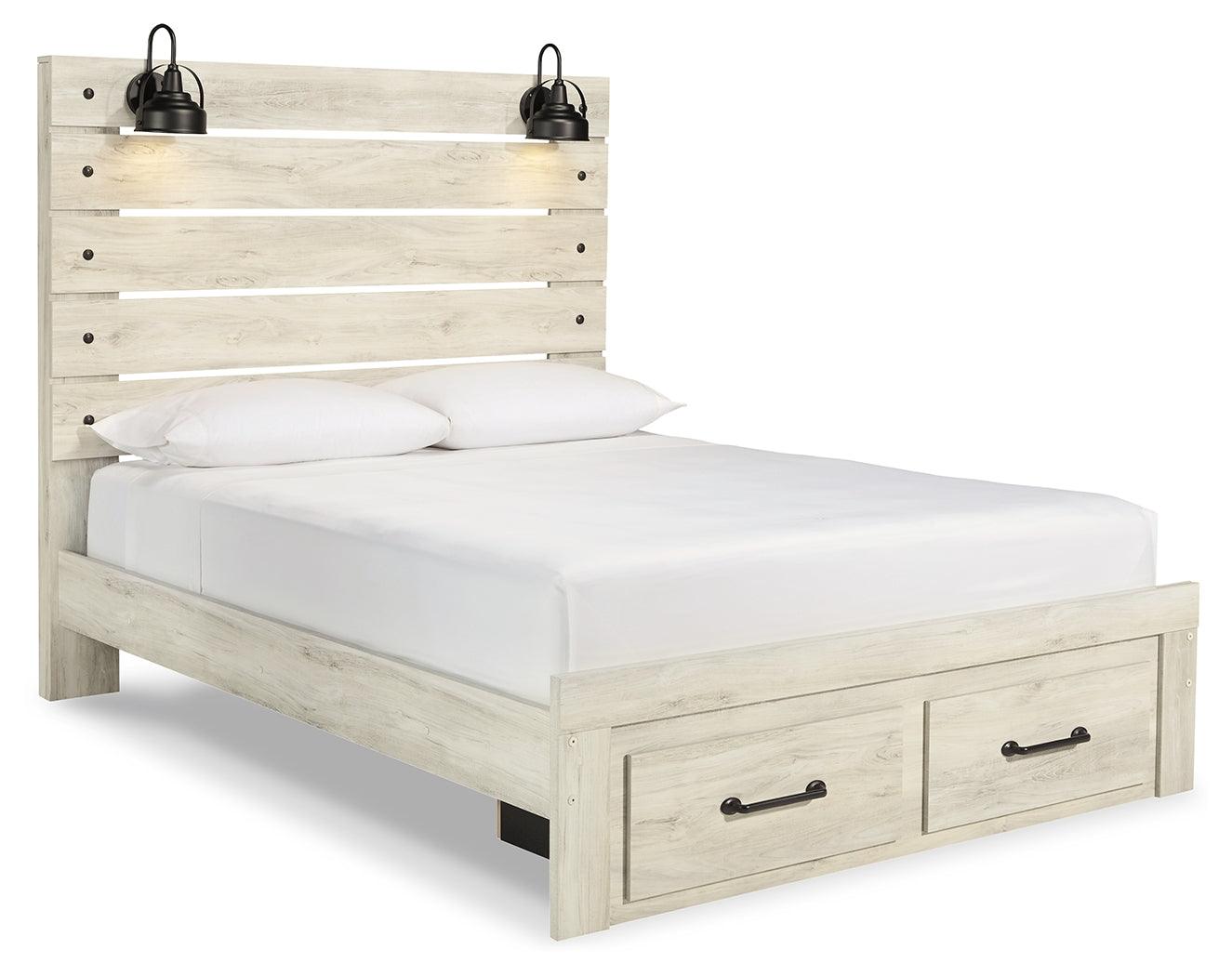 Side view of Cambeck Whitewash Queen Panel Bed with LED sconces and USB ports