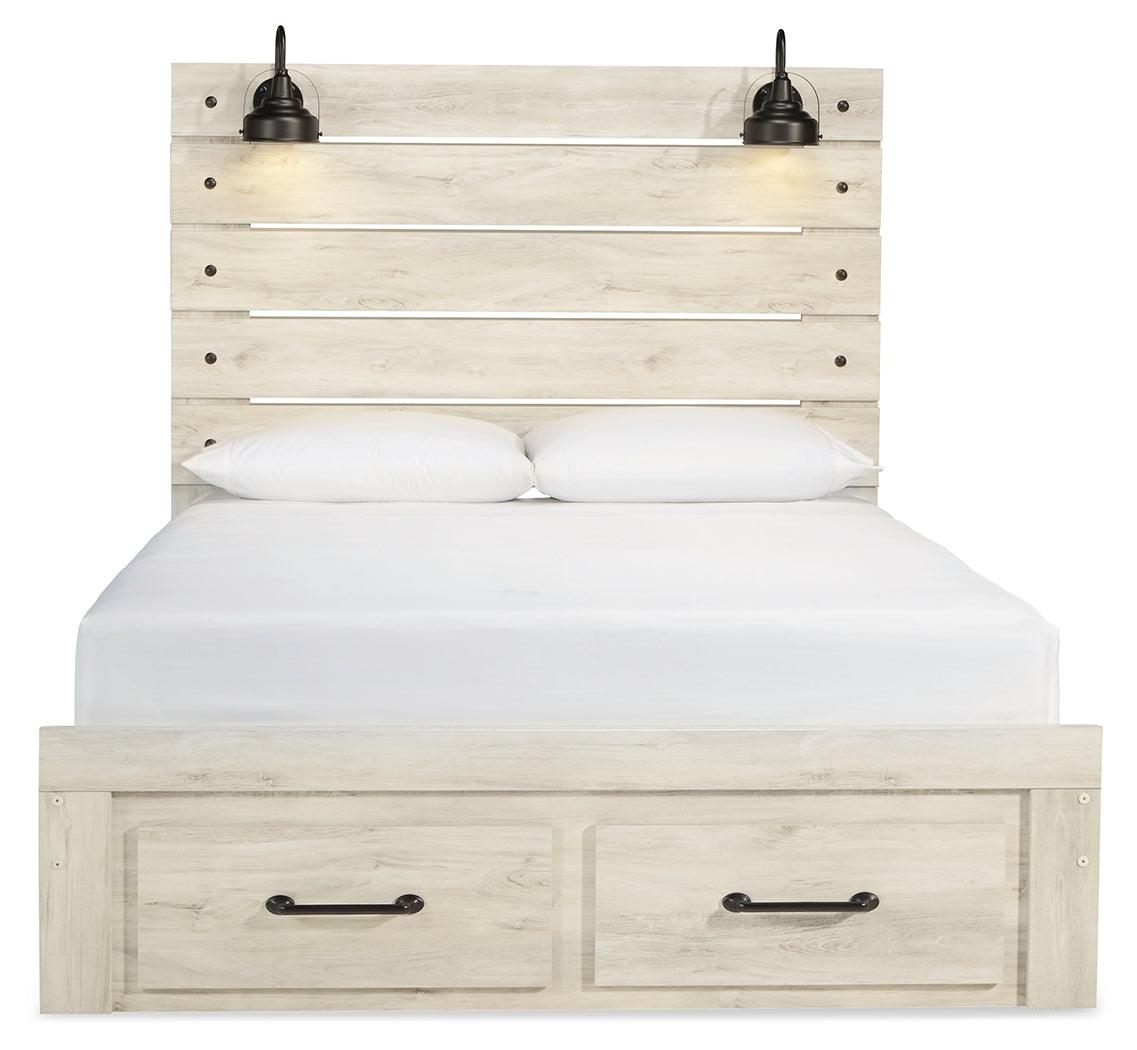 Front-on view of Cambeck Queen Panel Bed in whitewash finish