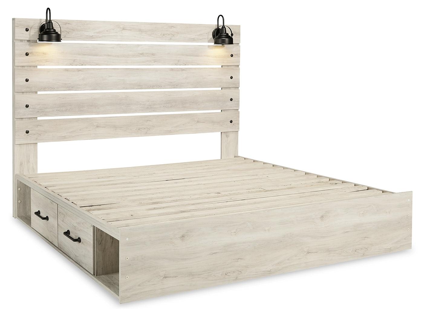 Cambeck king panel bed with LED sconce lights and USB ports on headboard