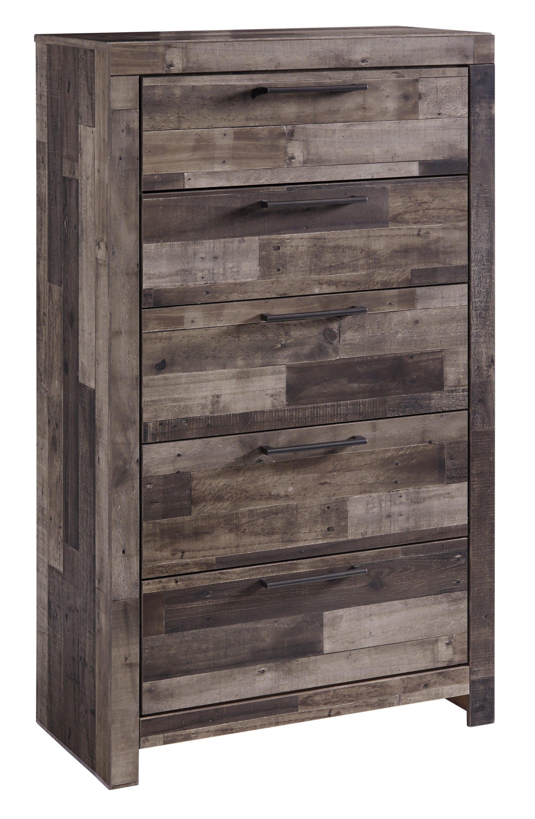Rustic butcher block finish on Derekson Chest of Drawers