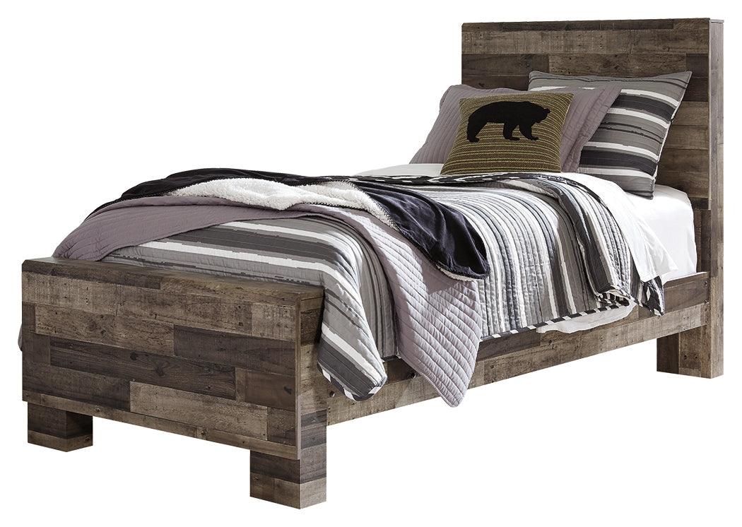 Derekson Twin Panel Bed showing storage drawers open