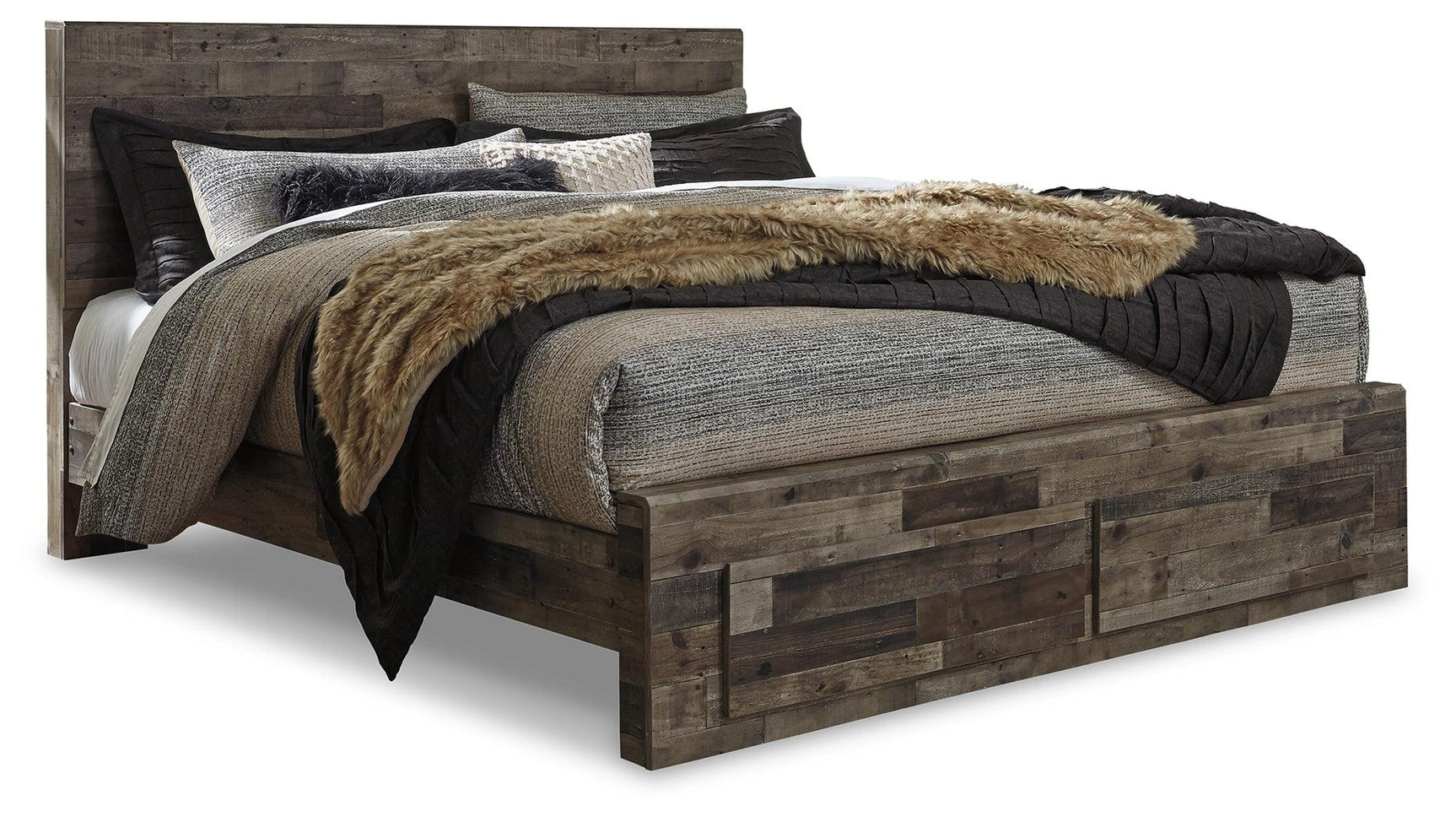 Side view of Derekson King Panel Bed showing rustic finish and drawer detail