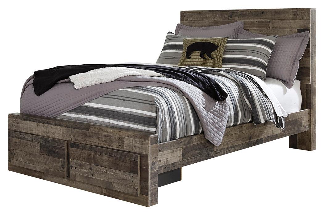 Side angle of Derekson Multi Gray Full Panel Bed showing rustic finish