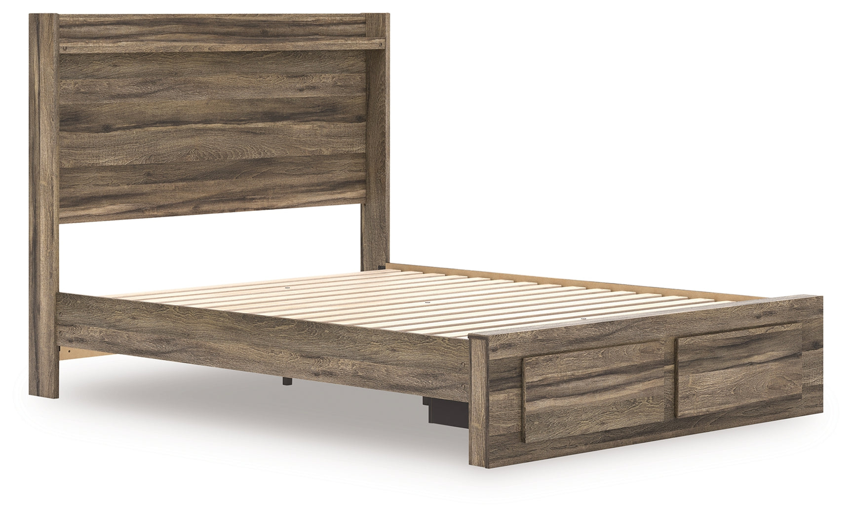 Side angle of Elbrim queen panel storage bed in weathered brown finish