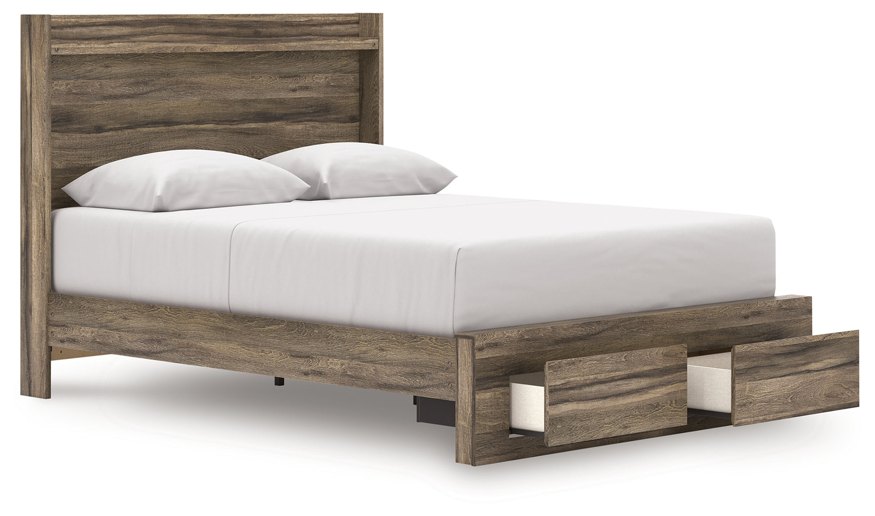 Open storage drawer under Elbrim queen panel storage bed