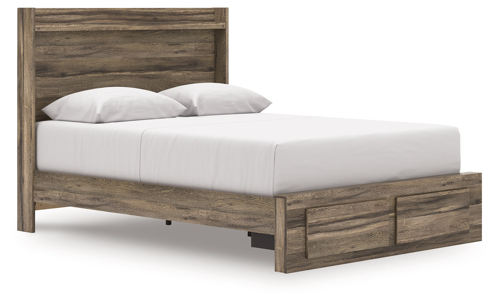 Elbrim queen panel storage bed corner angle showing LED lighting and storage drawers