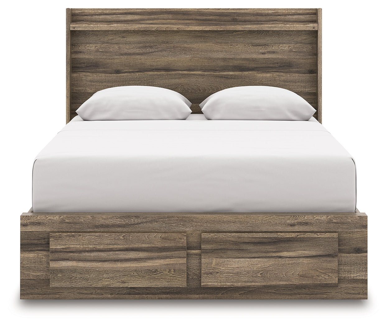 Front view of Elbrim queen panel storage bed headboard with LED lighting