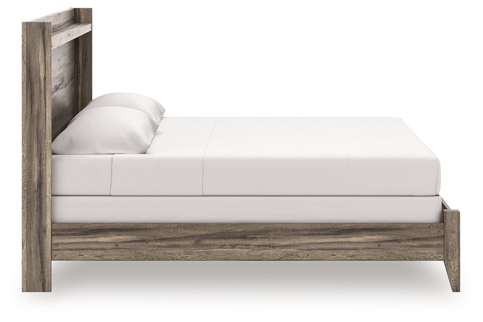 Side profile of Elbrim king panel bed showing bed rails and overall height