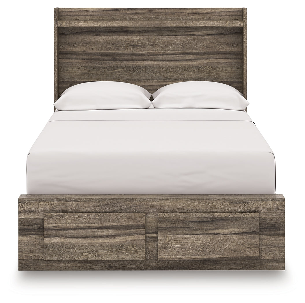 Head-on view of Elbrim full panel storage bed