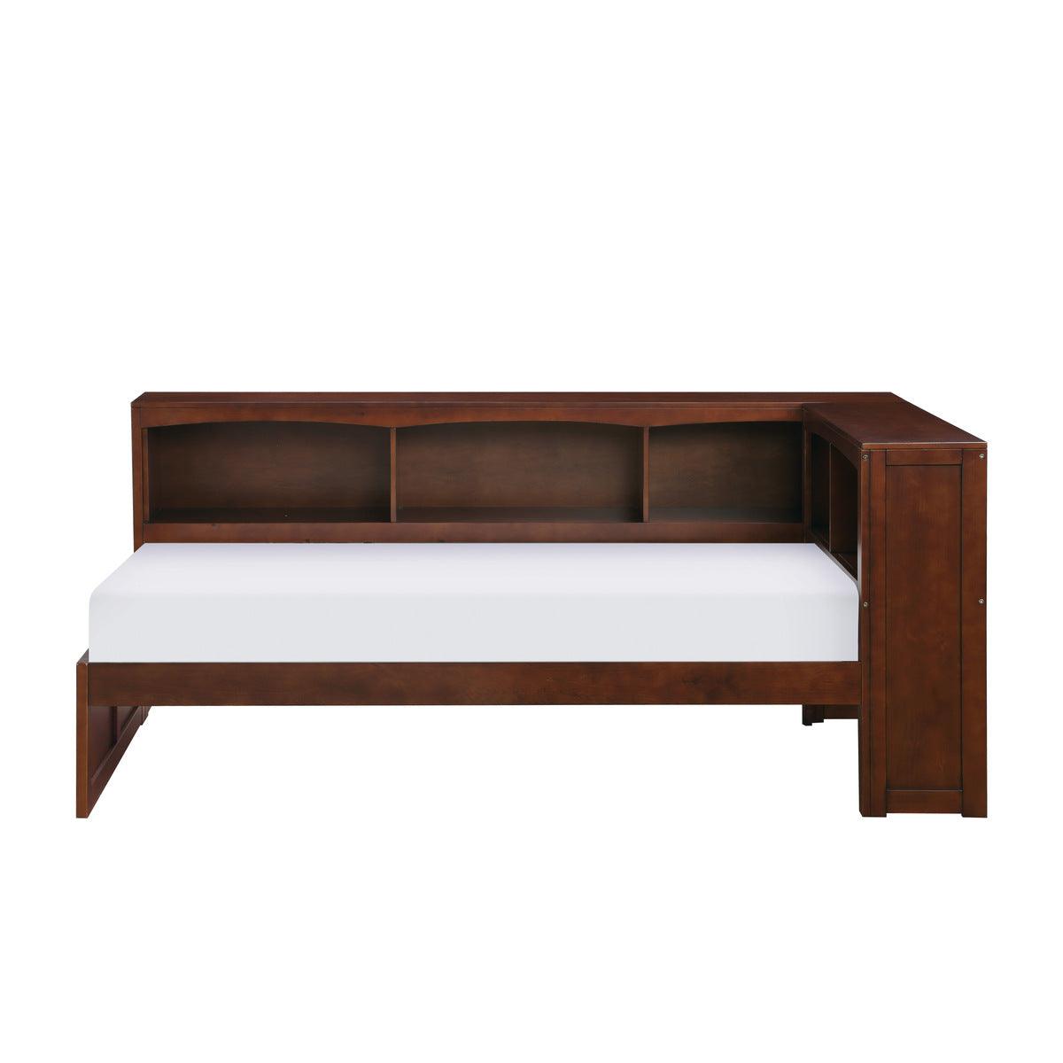 Rowe Dark Cherry Twin Bookcase Corner Bed front view highlighting bookcase headboards