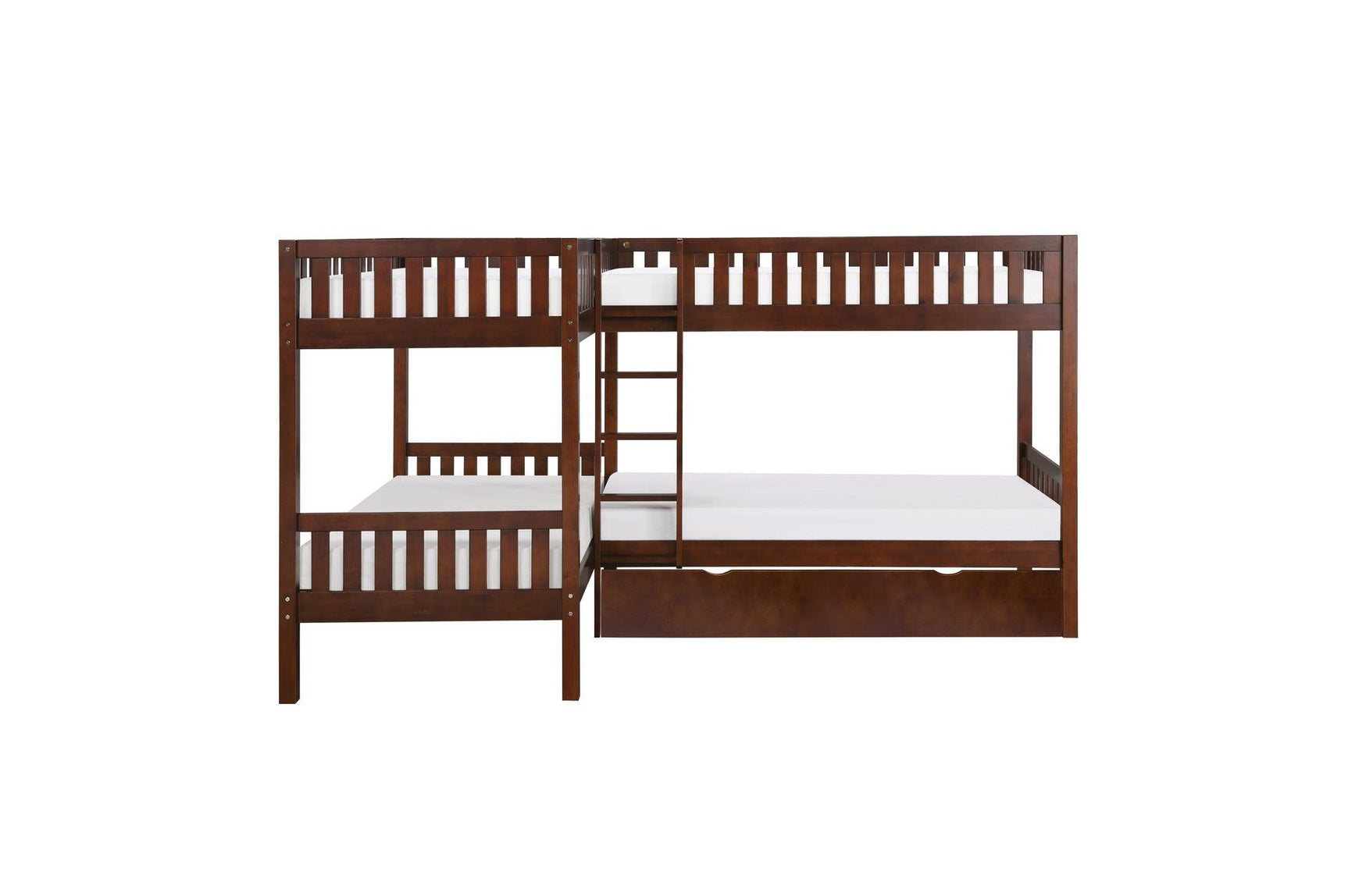 Rowe Dark Cherry Pine Veneer Corner Bunk Bed with drawers open