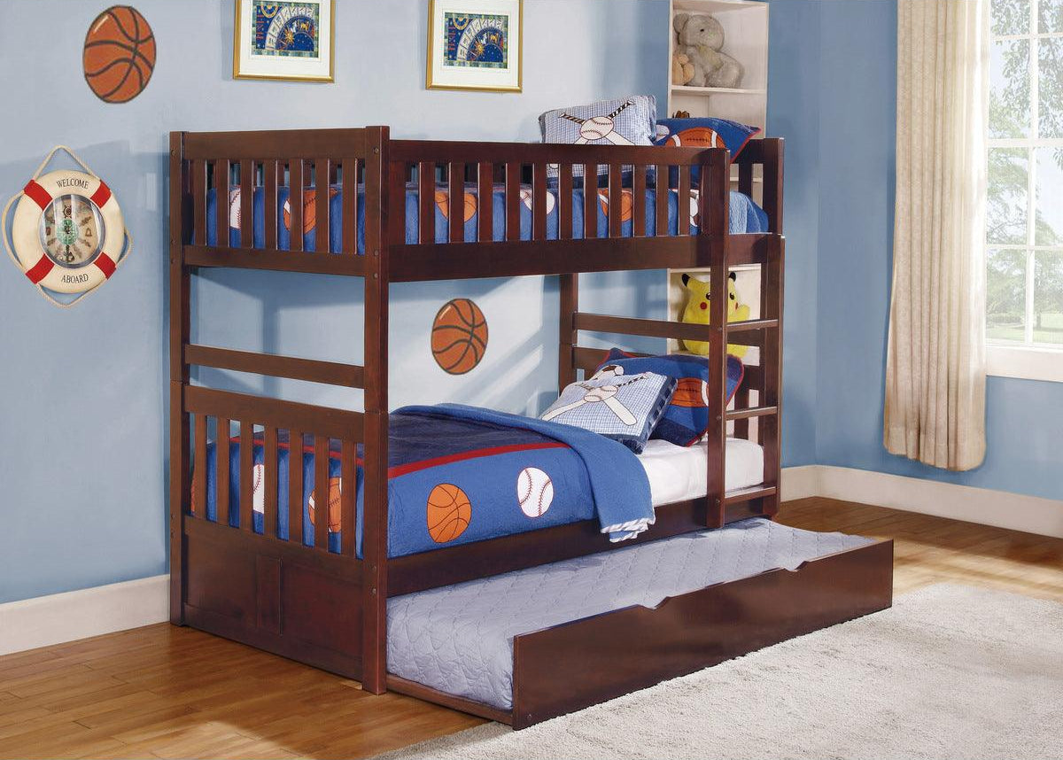 Close-up of Rowe dark cherry twin bunk bed with guard rails and ladders