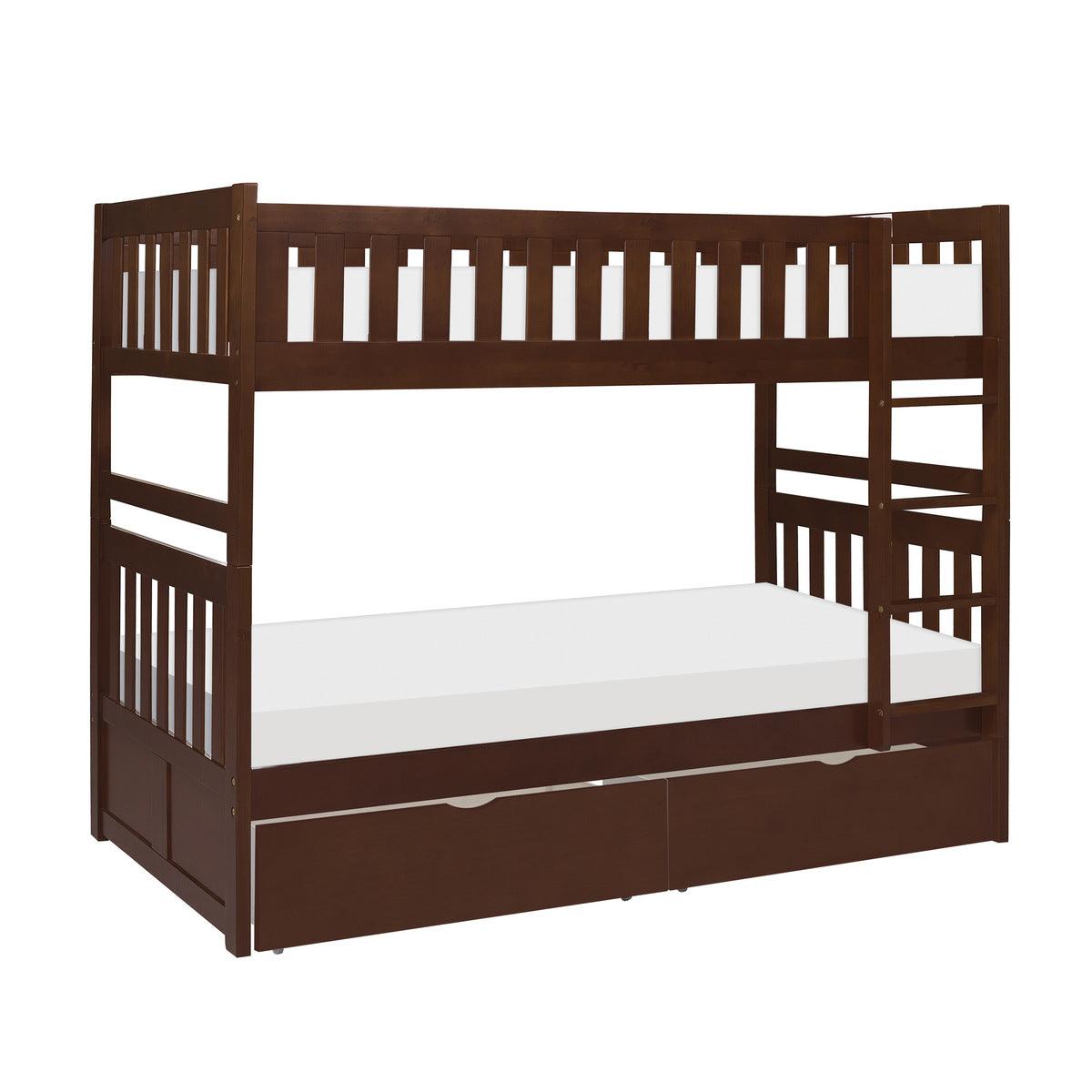 Side angle of Rowe dark cherry twin over twin bunk bed