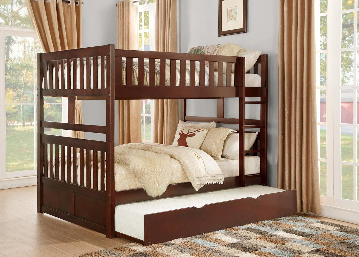 Rowe Dark Cherry Full over Full Bunk Bed with Twin Trundle side view