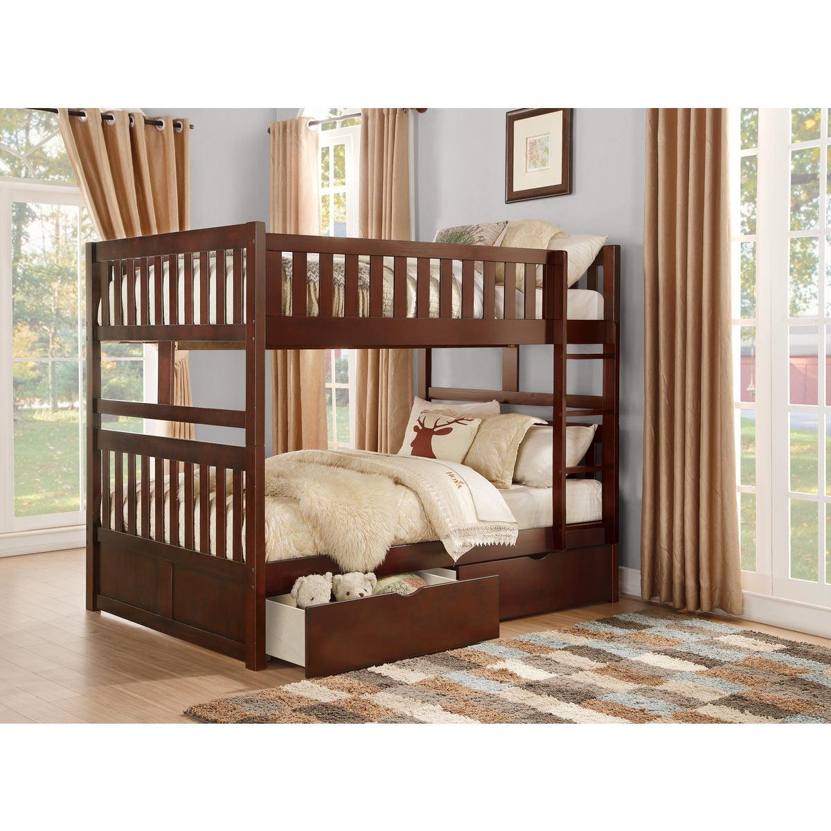 Rowe dark cherry full over full bunk bed with storage boxes, side angle