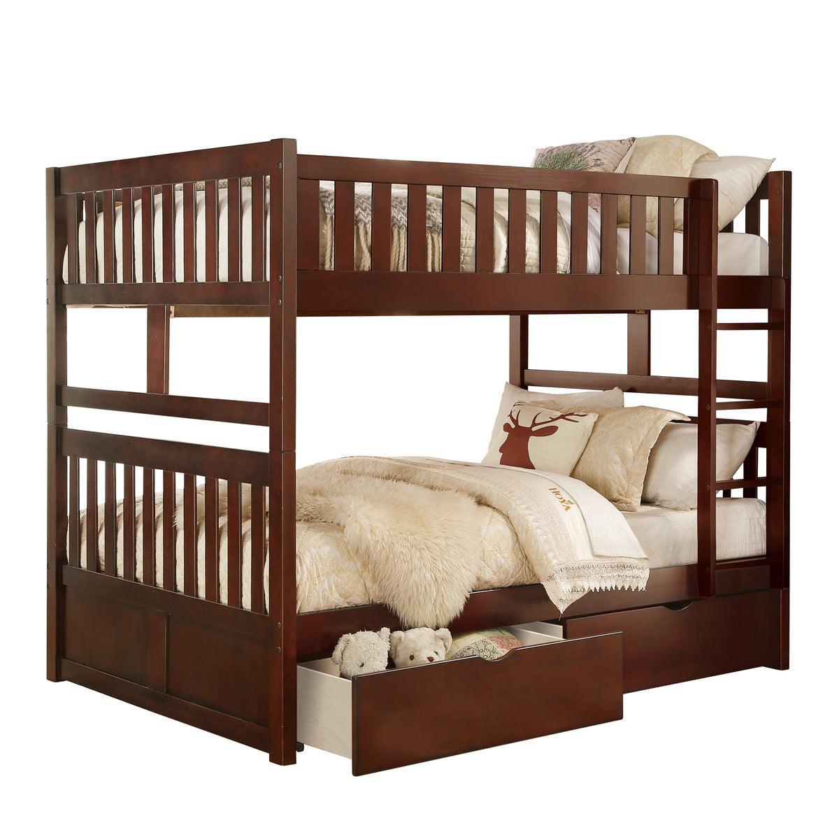 Rowe dark cherry full over full bunk bed with storage boxes, front angle