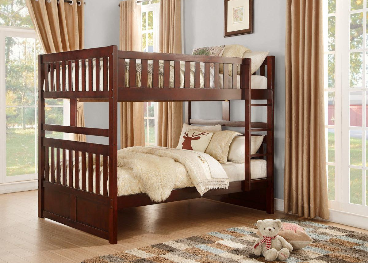 Rowe full over full dark cherry bunk bed side view