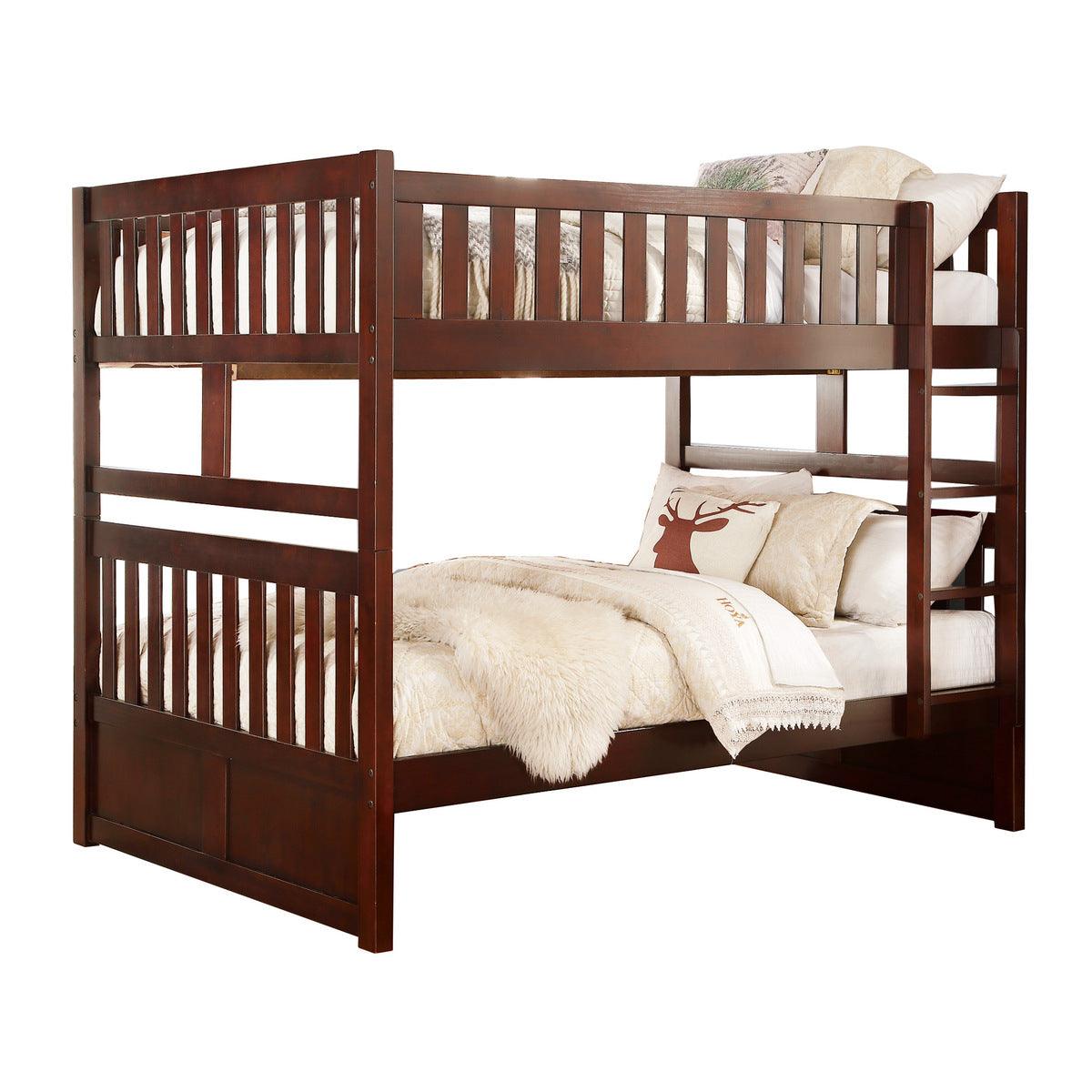 Rowe full over full dark cherry bunk bed angled view