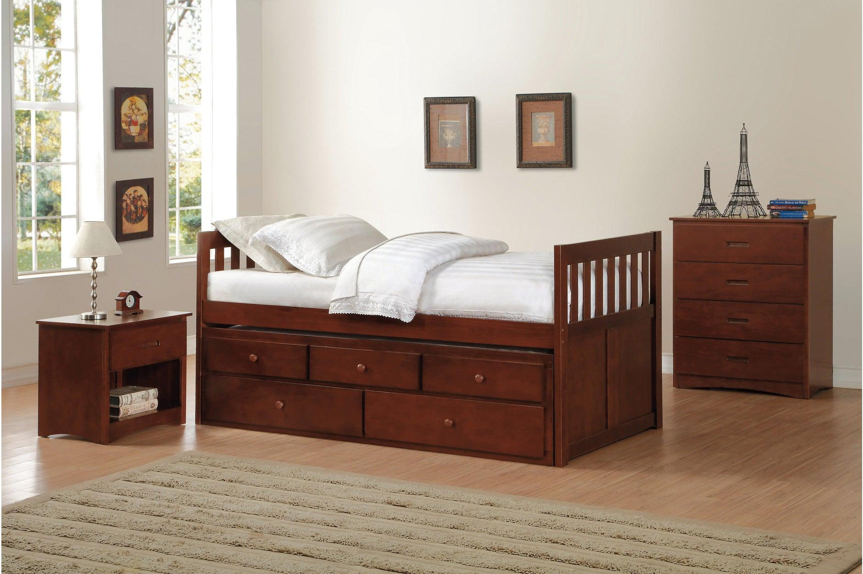 Rowe Dark Cherry Modern Contemporary Transition Solid Wood Youth Bedroom With Storage Set - Ella Furniture