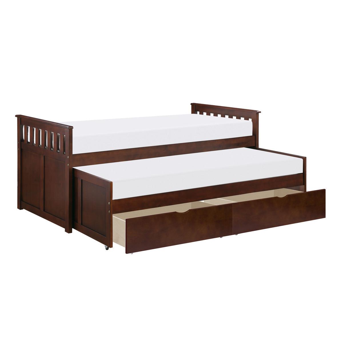 Close-up of carved headboard and footboard