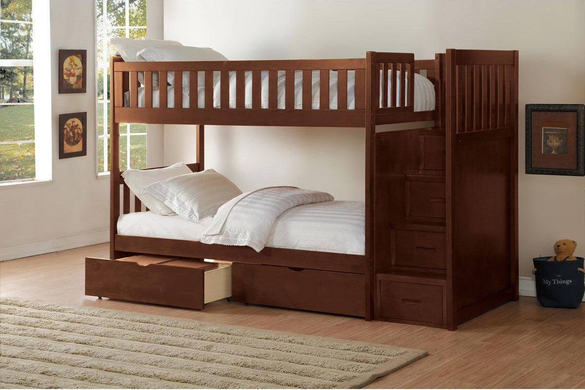 Detailed view of Rowe dark cherry twin over twin step bunk bed with storage boxes