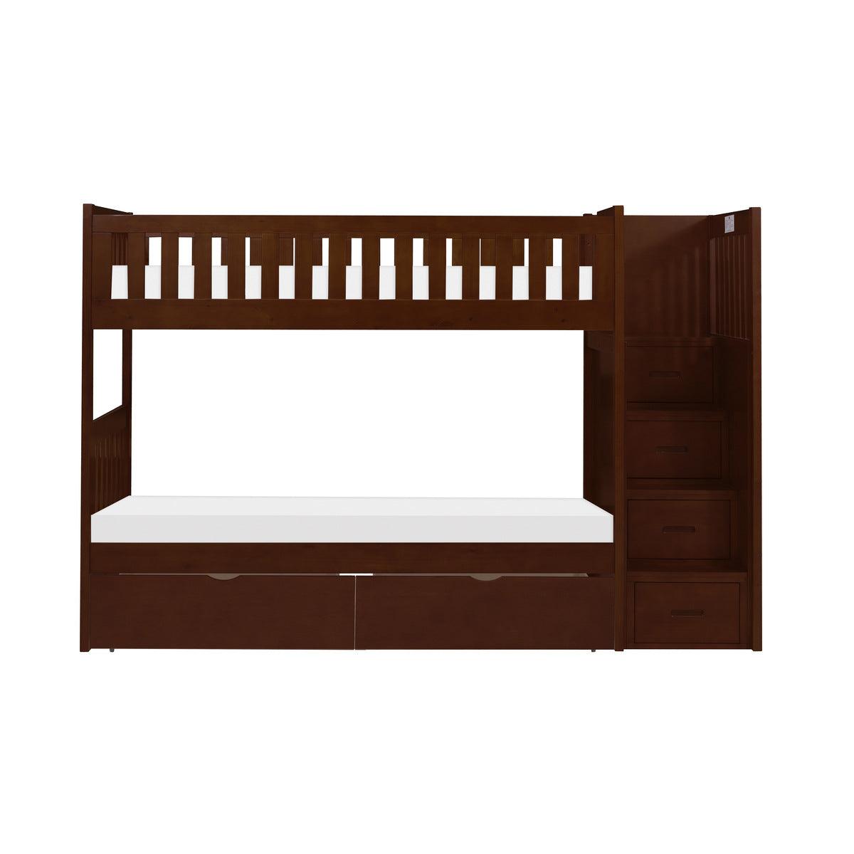 Rowe dark cherry twin over twin step bunk bed with storage boxes, front view