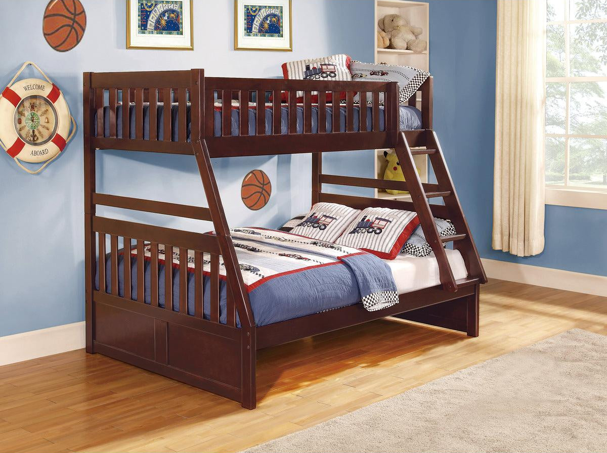 Rowe Dark Cherry Twin over Full Bunk Bed side view
