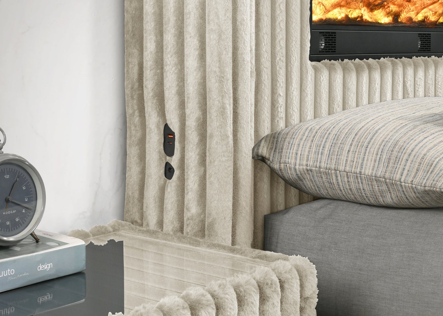 Henley Cream Nightstand closeup of premium corduroy upholstery