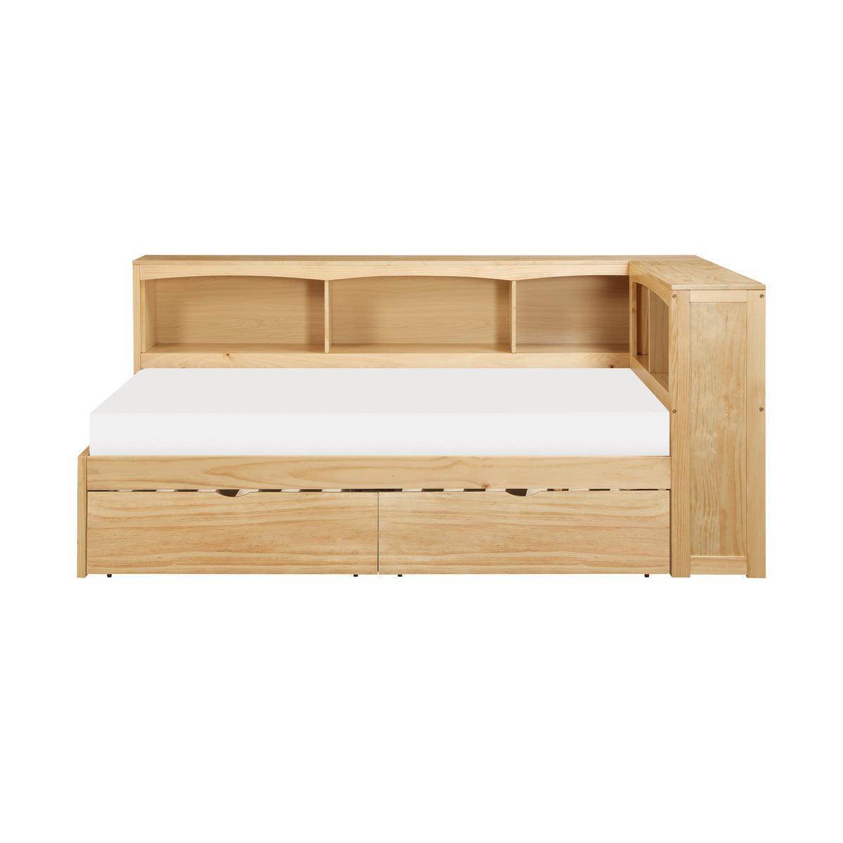 Bartly Natural Pine Transitional Engineered Wood Twin Bookcase Corner Bed With Storage Boxes - Ella Furniture