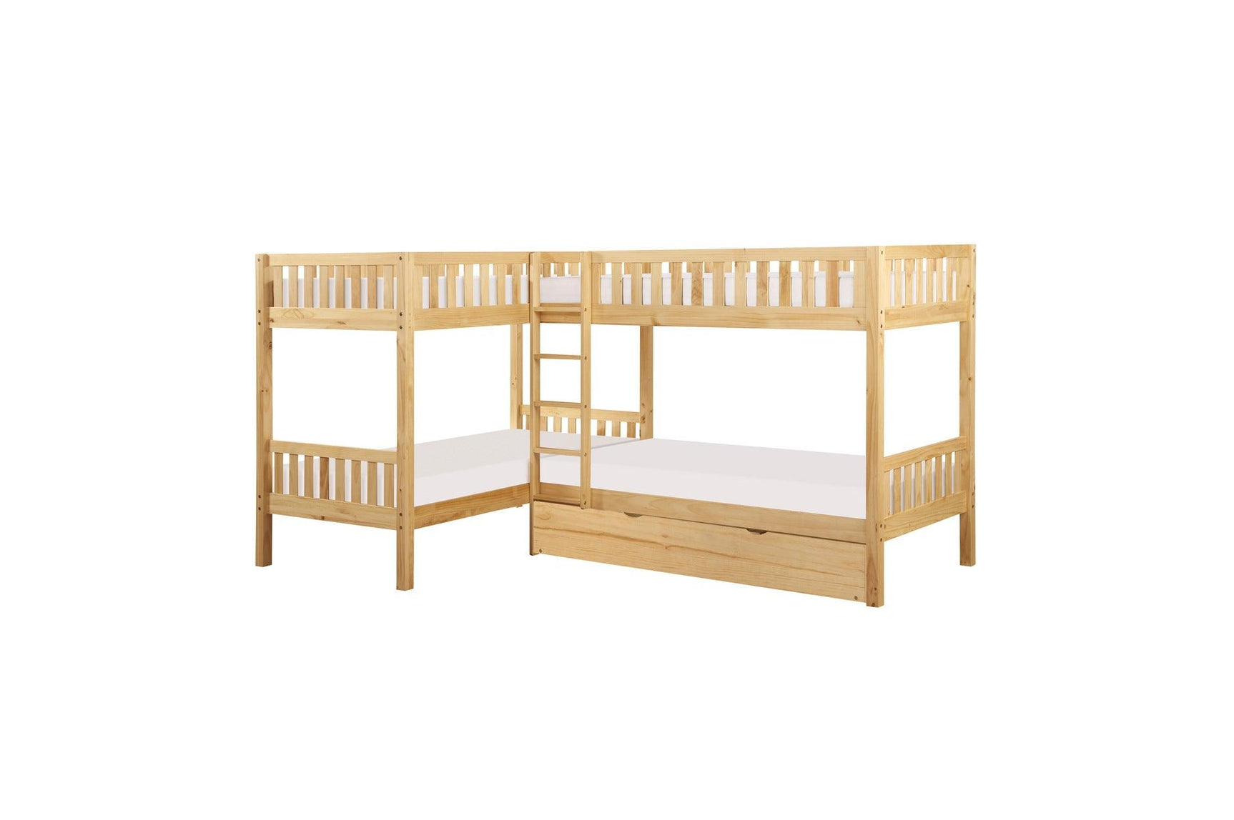 Bartly Natural Pine Modern Transitional Solid Wood Youth Corner Bunk Bedroom Set With Trundle - Ella Furniture