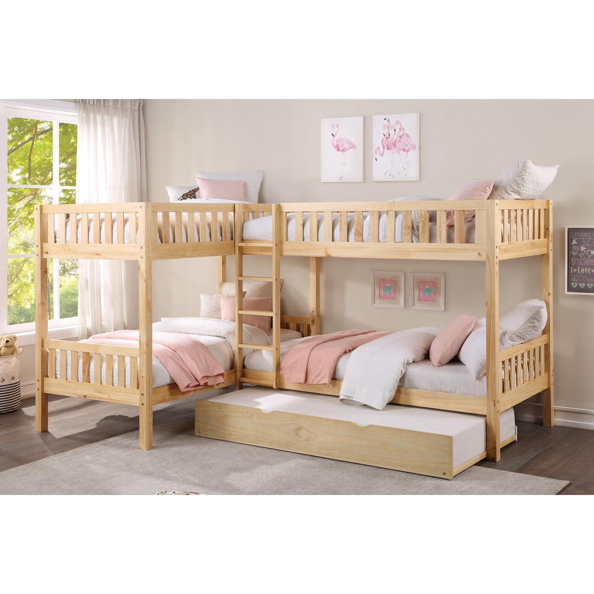 Bartly Natural Pine Corner Bunk Bed with Twin Trundle youth setup