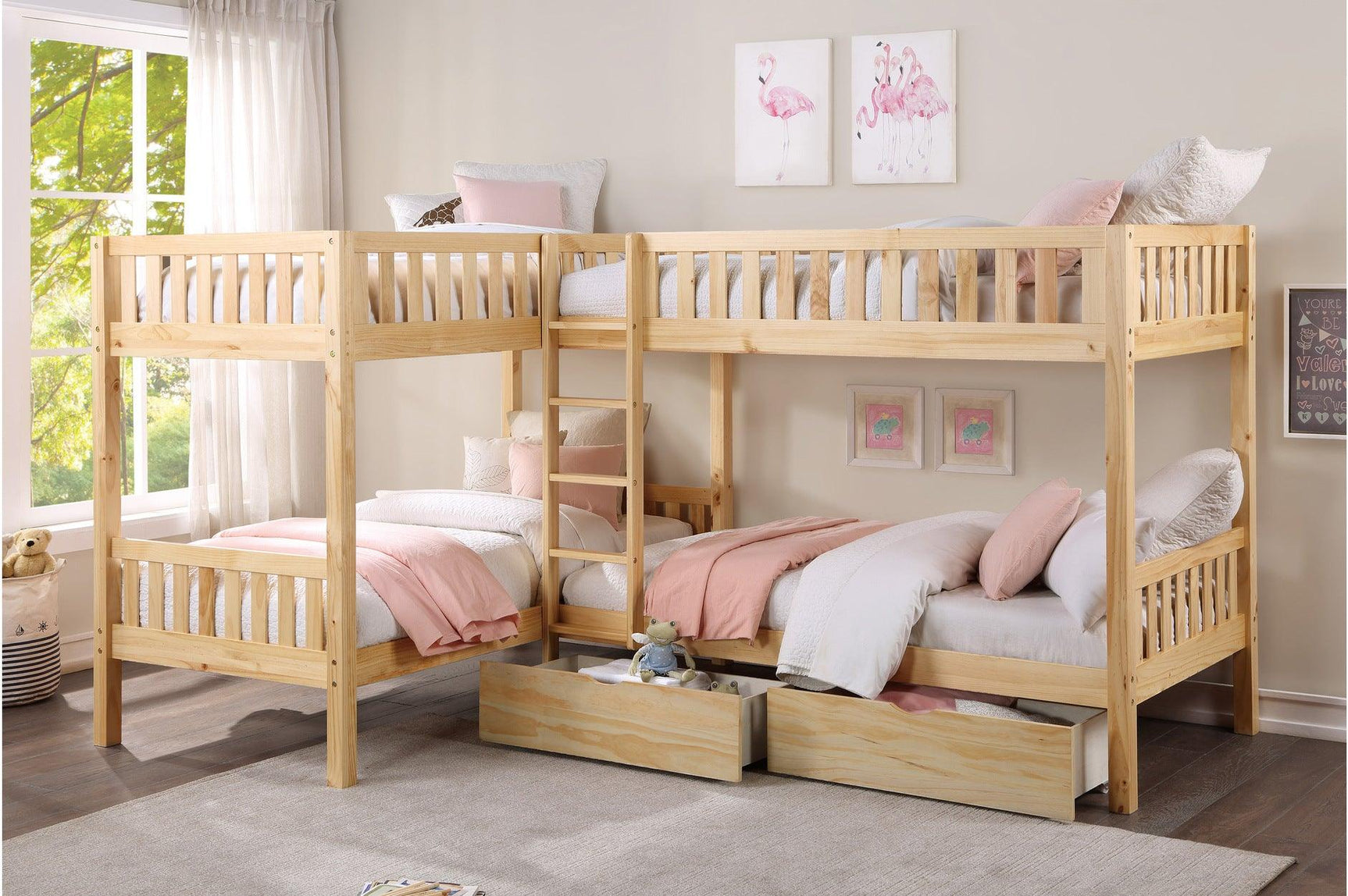 Bartly Natural Pine Modern Transitional Solid Wood Youth Corner Bunk Bedroom Set With Trundle - Ella Furniture
