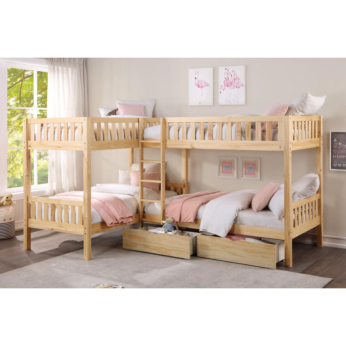 Bartly Natural Pine Twin Corner Bunk Bed with Storage Boxes - assembled view