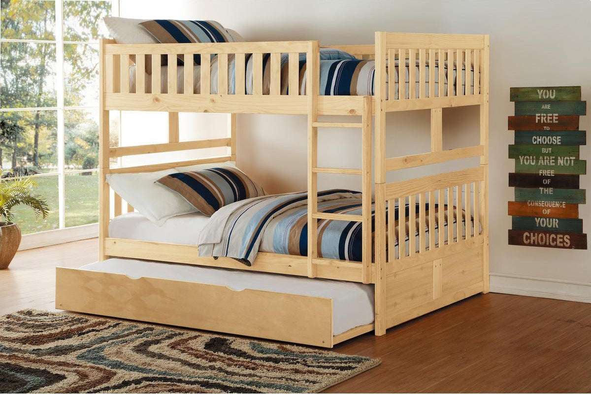 Full view of Bartly natural pine full over full bunk bed with twin trundle