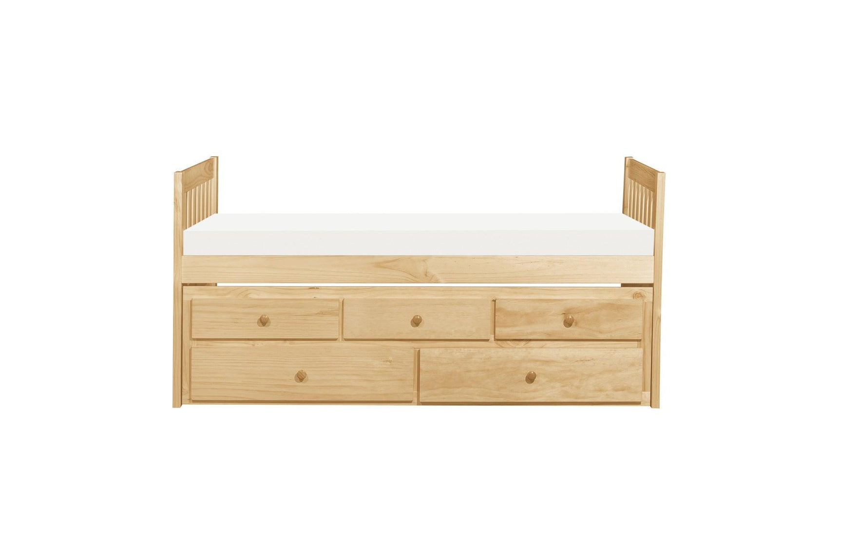 Close-up of Natural Pine Wood Panel Bed