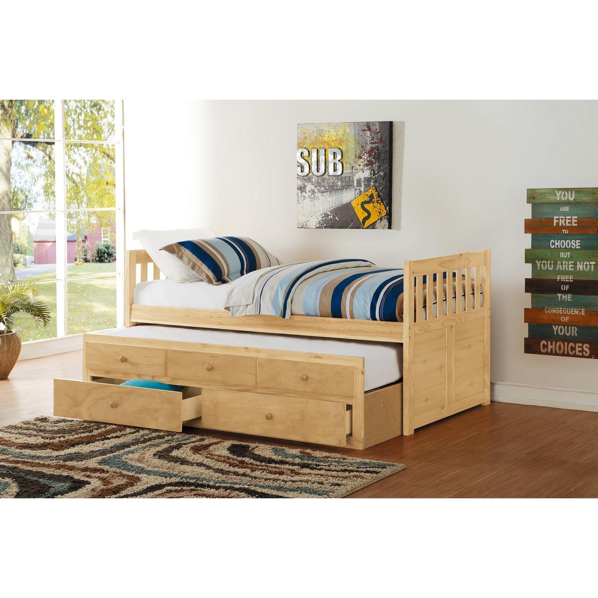 Bartly Natural Pine Storage Trundle Bed open view showing panels