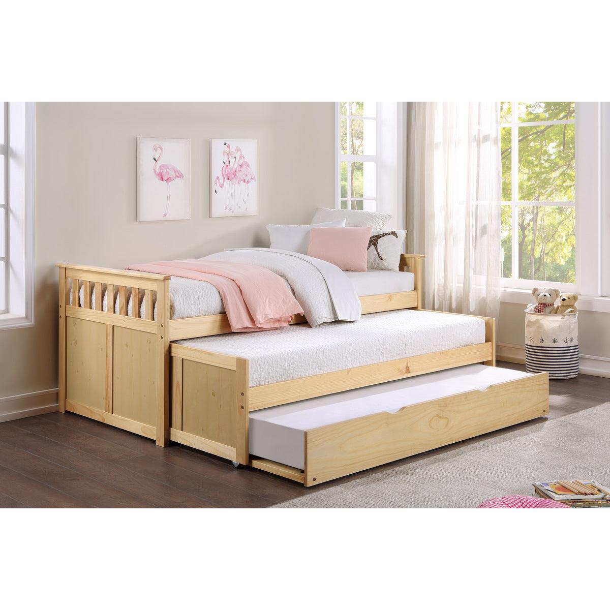 Bartly Natural Pine Twin Over Twin Trundle Bed assembled in youth bedroom